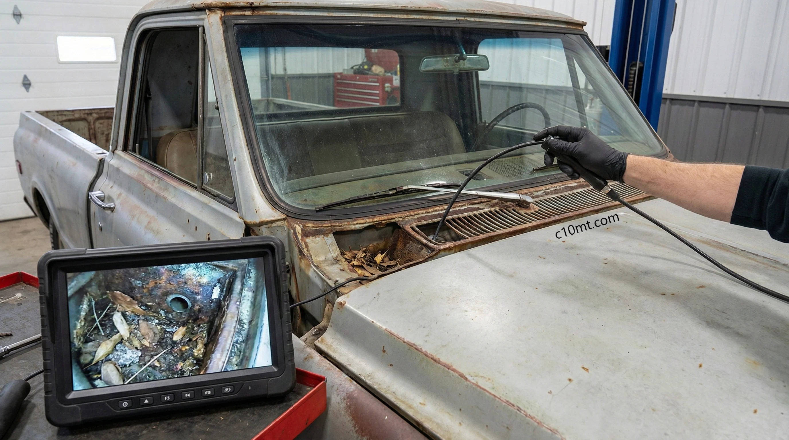 Technical diagram of 1967-1972 Chevy C10 cowl plenum rust mechanisms and water drainage path