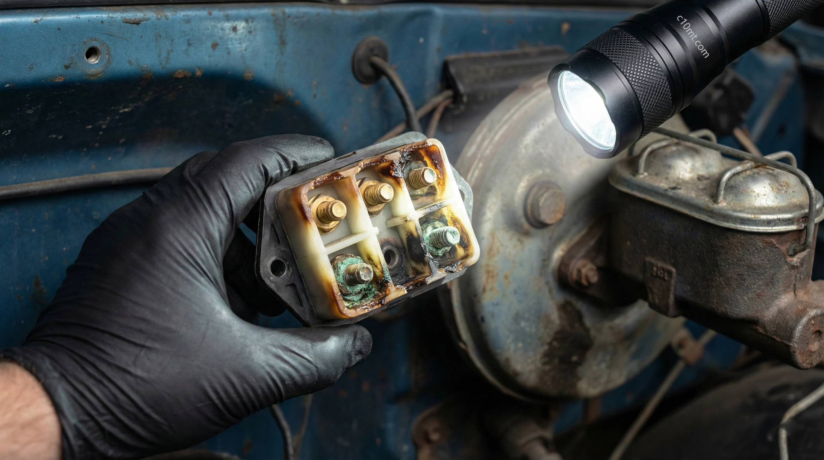 Forensic close-up of a melted and oxidized Chevrolet C10 bulkhead connector being inspected on a firewall