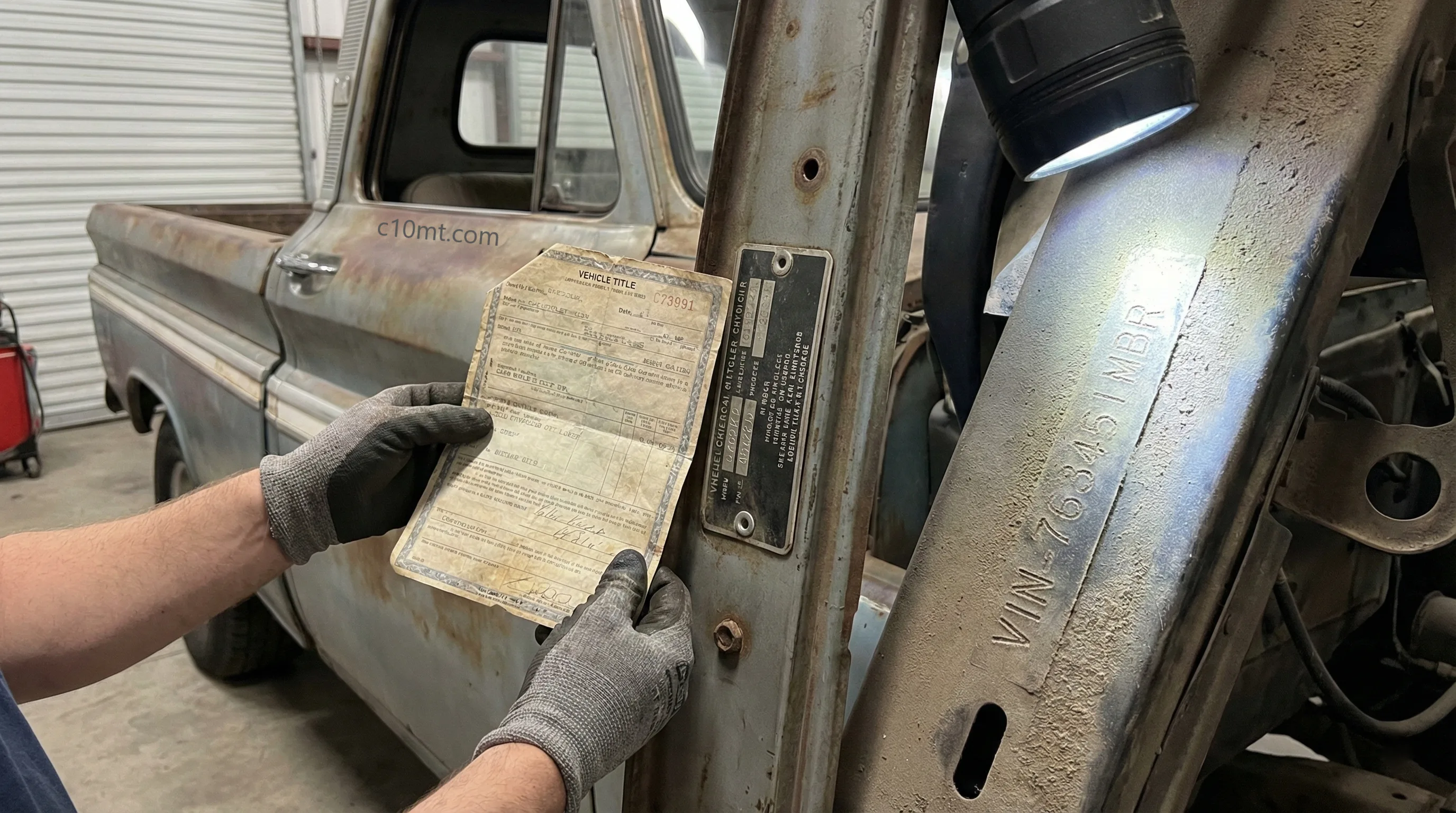 Forensic inspection of a Chevrolet C10 VIN plate and frame stamping with a flashlight and title