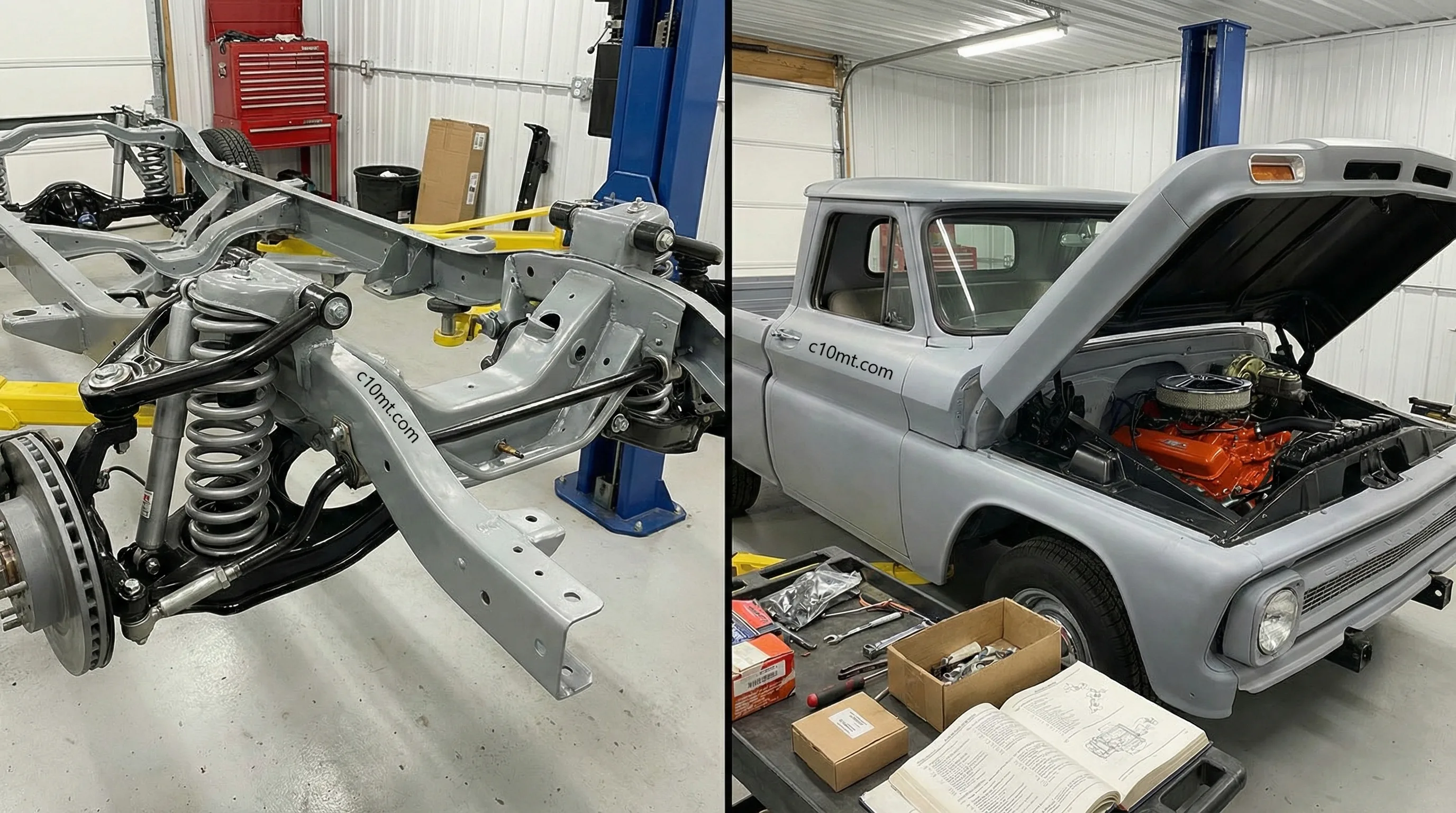 Technical comparison of 1963-1966 Chevy C10: Coil spring front suspension assembly and 1964-1966 flat windshield cab profile