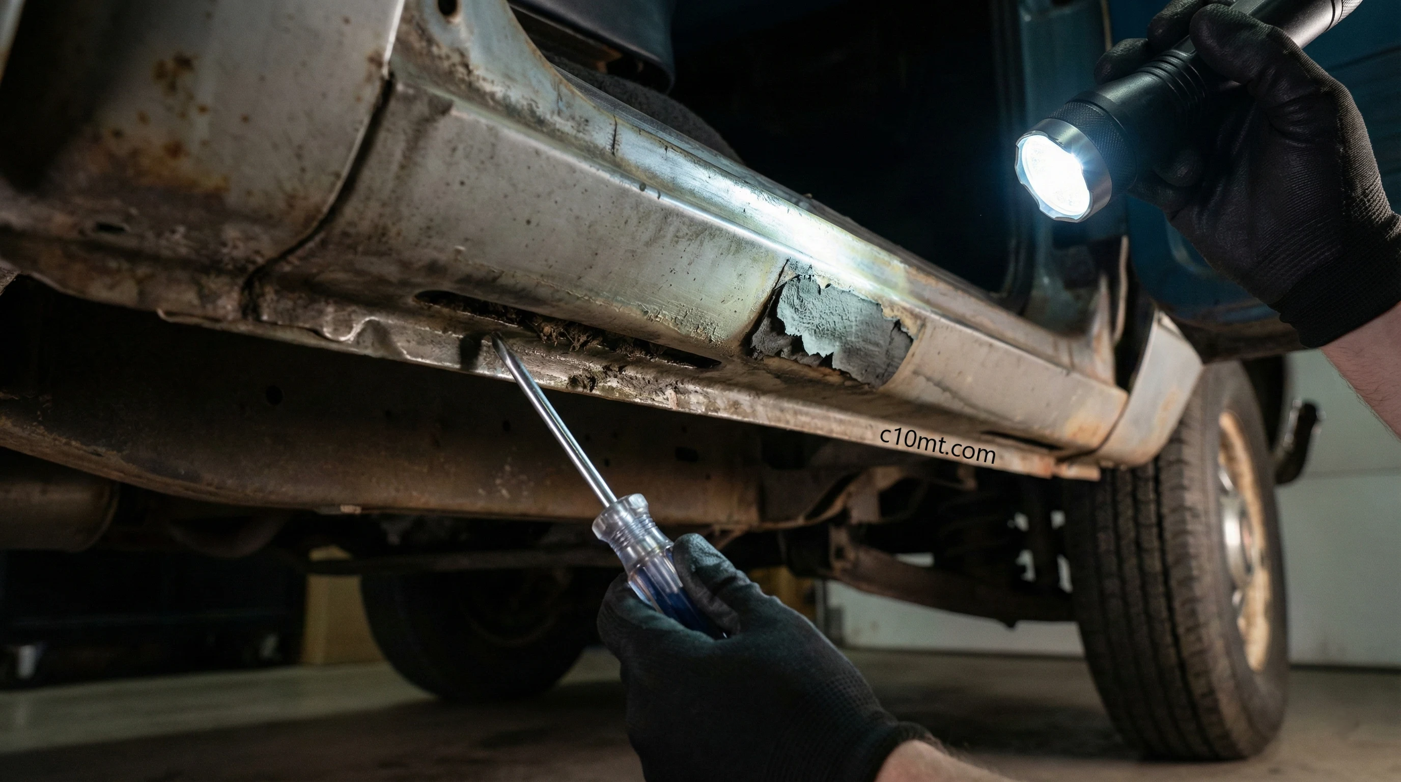 Technical inspection of a Chevrolet C10 rocker panel showing inner and outer layers with forensic tools
