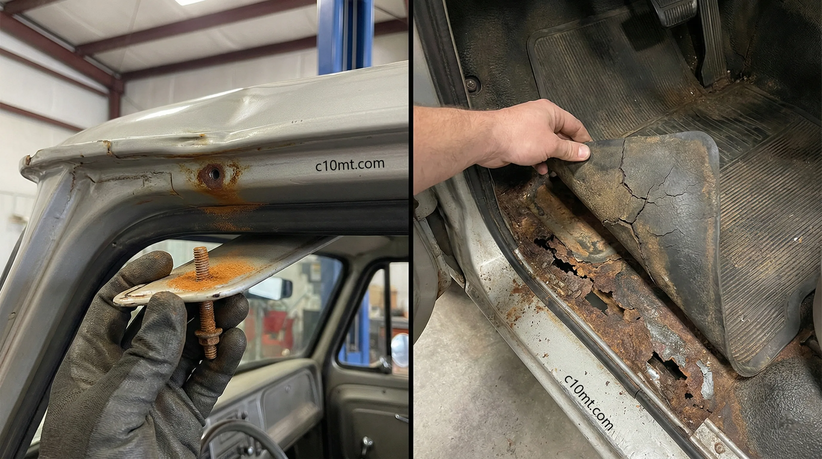 Technical diagram of C10 double-wall roof rust points and floorboard corrosion inspection