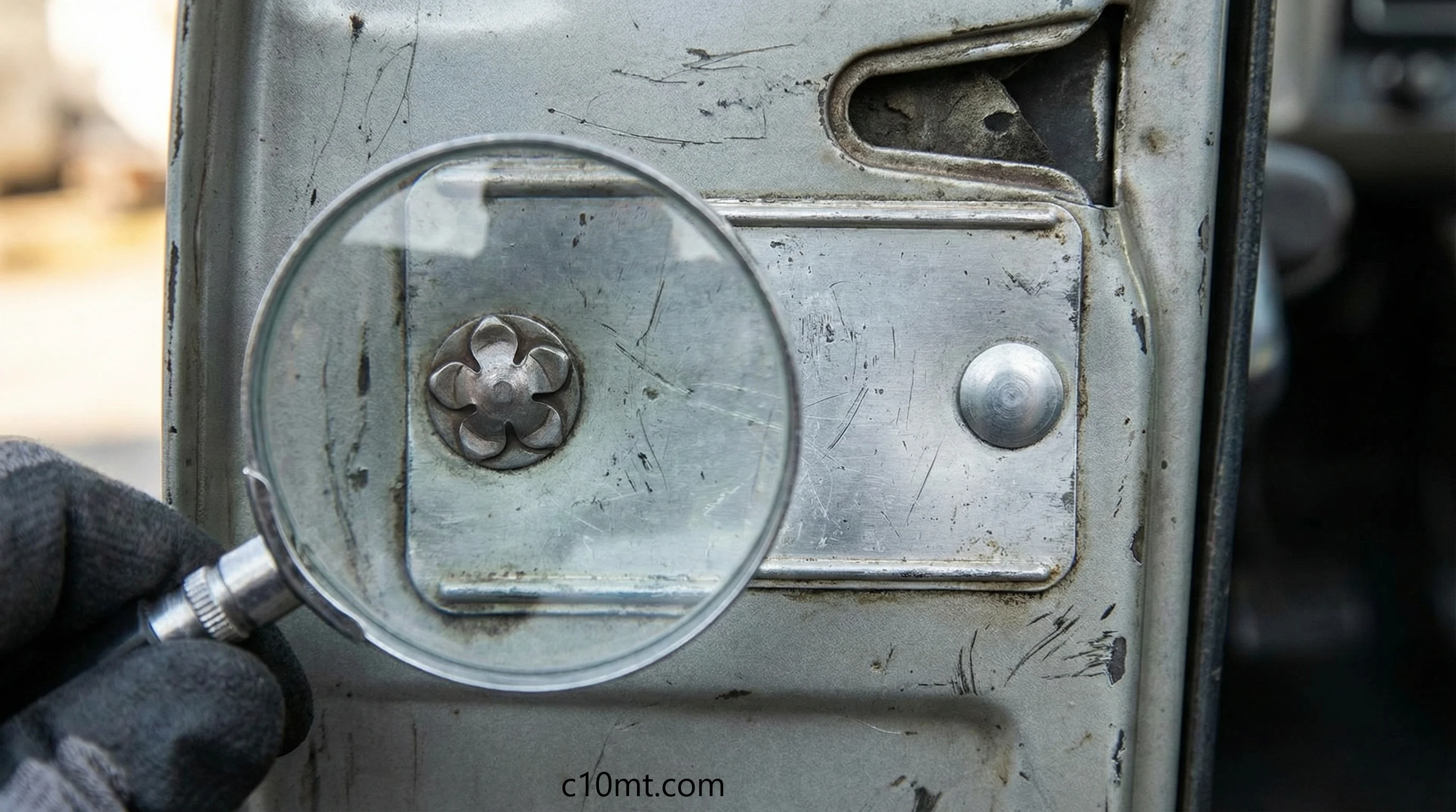 Macro photography comparison between an authentic GM five-petal Rosette rivet and a standard hardware-store round pop rivet used on a classic truck VIN plate.