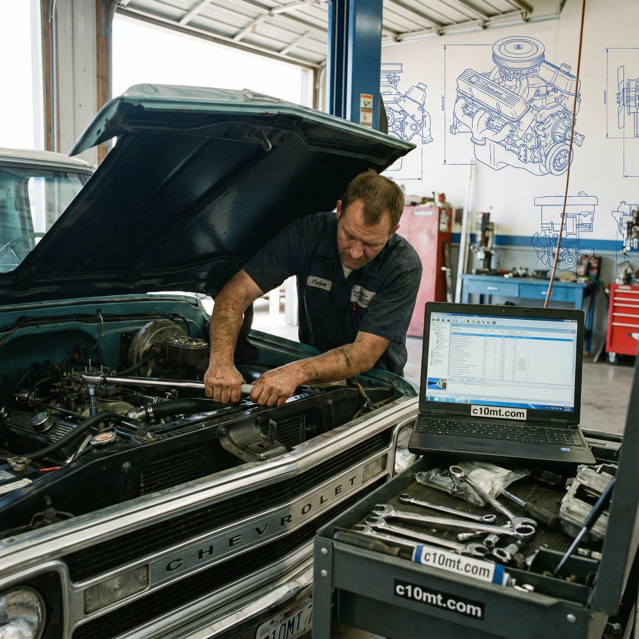 Advanced Chevrolet C10 mechanical repair and body maintenance workstation